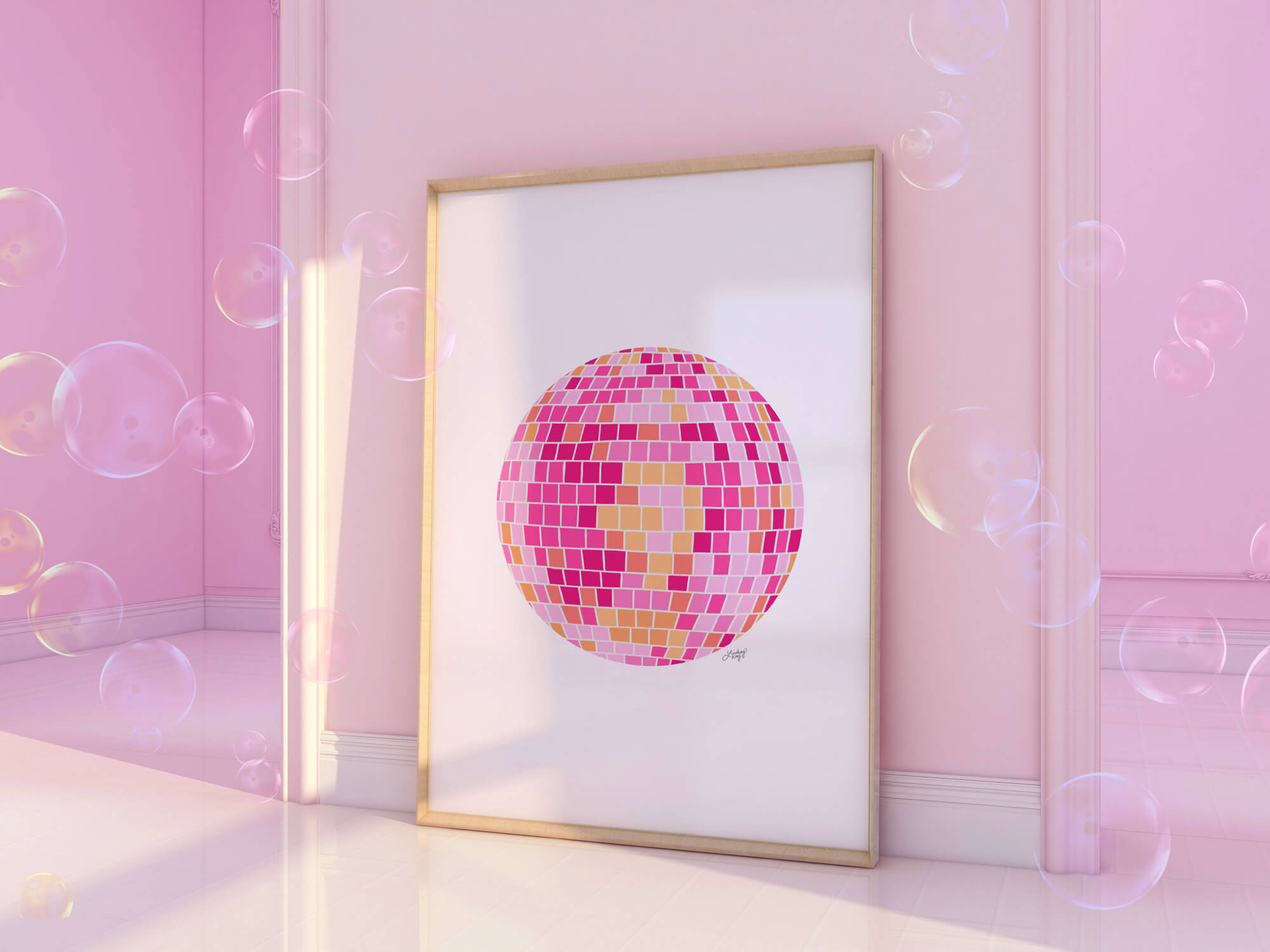 Ilustración de bola de discoteca (paleta rosa/amarilla) Fondo blanco - Impresión de arte